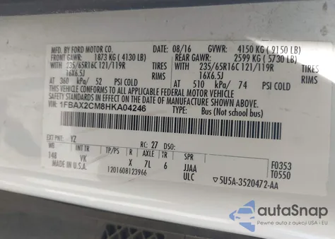 2017 Ford Transit-350 Xl z USA, uszkodzony, nr VIN 1FBAX2CM8HKA04246